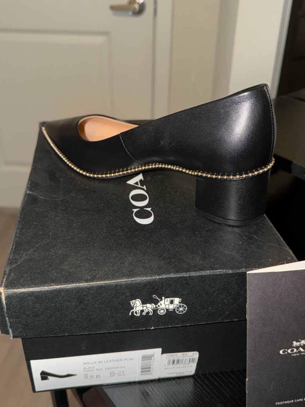 Coach Black Leather Low Block Heel Pumps with Gold Trim - Picture 2 of 3